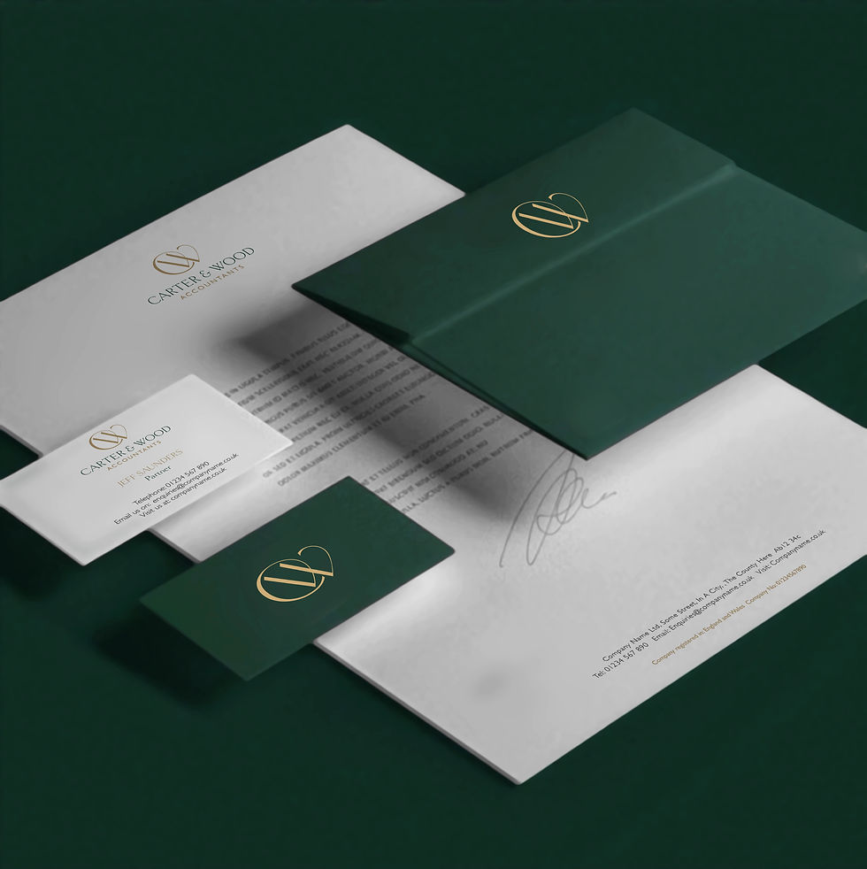 Carter & Wood accountants brand identity applied to business cards, stationery and presentation folders