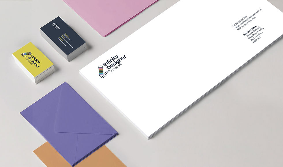 Infinity Designer brand identity applied to business cards, envelopes and letterheads