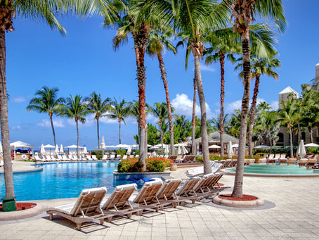 Lounge chairs around a pool with palm trees showing how Hotels and Resorts can use Professional Photography to attract guests