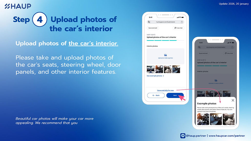Upload interior photos of seats, steering wheel, and dashboard to help renters feel confident when booking your car on HAUP.