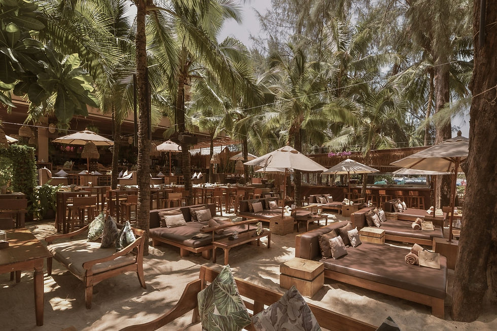 โซนที่นั่งริมหาดของ Café Del Mar ภูเก็ต ตกแต่งสไตล์เมืองร้อนพร้อมต้นมะพร้าว ใช้เป็นโลเคชันถ่ายทำ The White Lotus