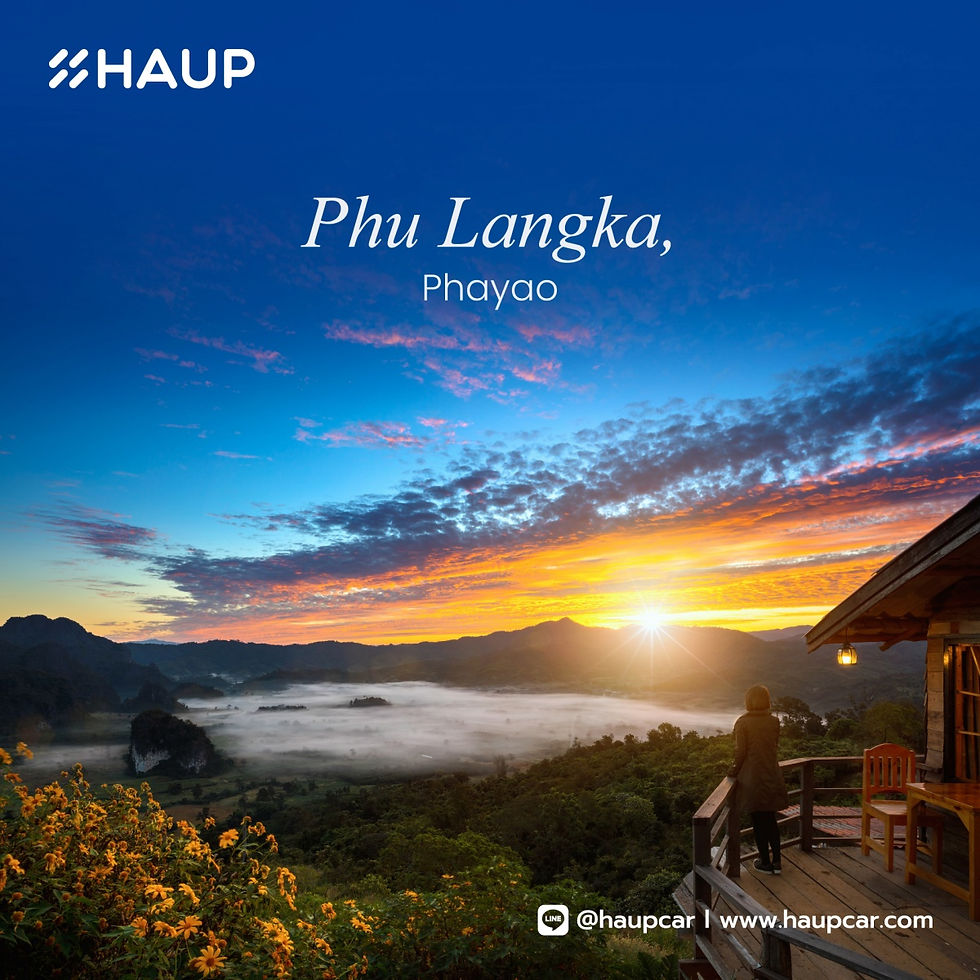 พระอาทิตย์ขึ้นพร้อมทะเลหมอกที่ภูลังกา พะเยา นักท่องเที่ยวยืนชมวิวจากระเบียงไม้ เดินทางด้วยการเช่ารถราคาคุ้มค่า