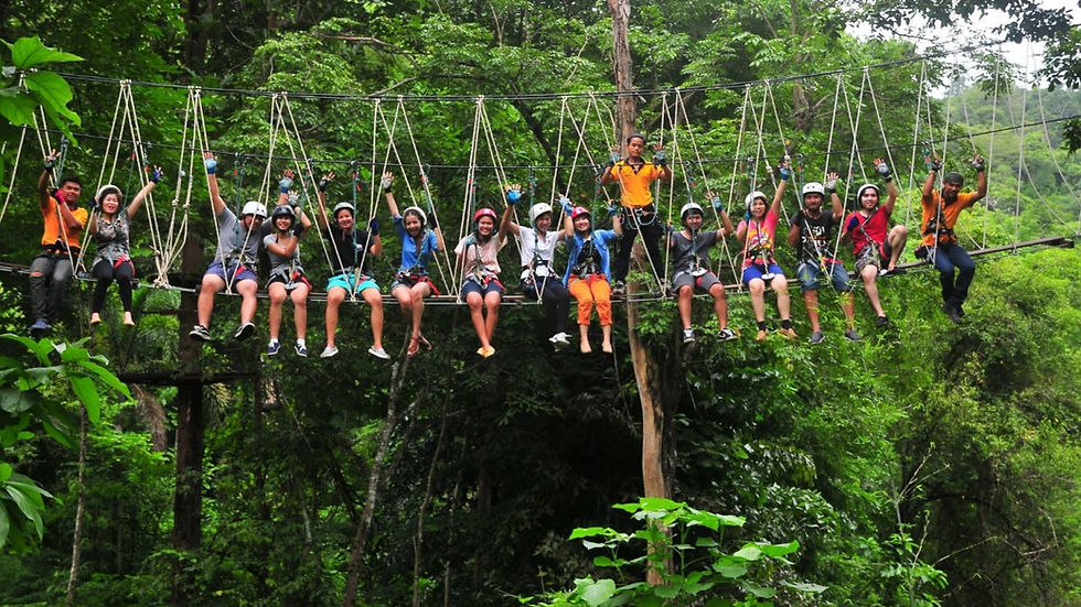 Group of travelers enjoying a canopy bridge activity surrounded by lush jungle at Tree Top Adventure Park in Thailand, part of the Zipline Adventure Thailand experience promoted by HAUP.