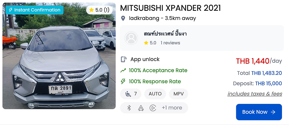 Silver Mitsubishi Xpander 2021 MPV available for rent near Ladkrabang Bangkok, suitable for long-distance self-drive adventures with HAUP Car Rental.