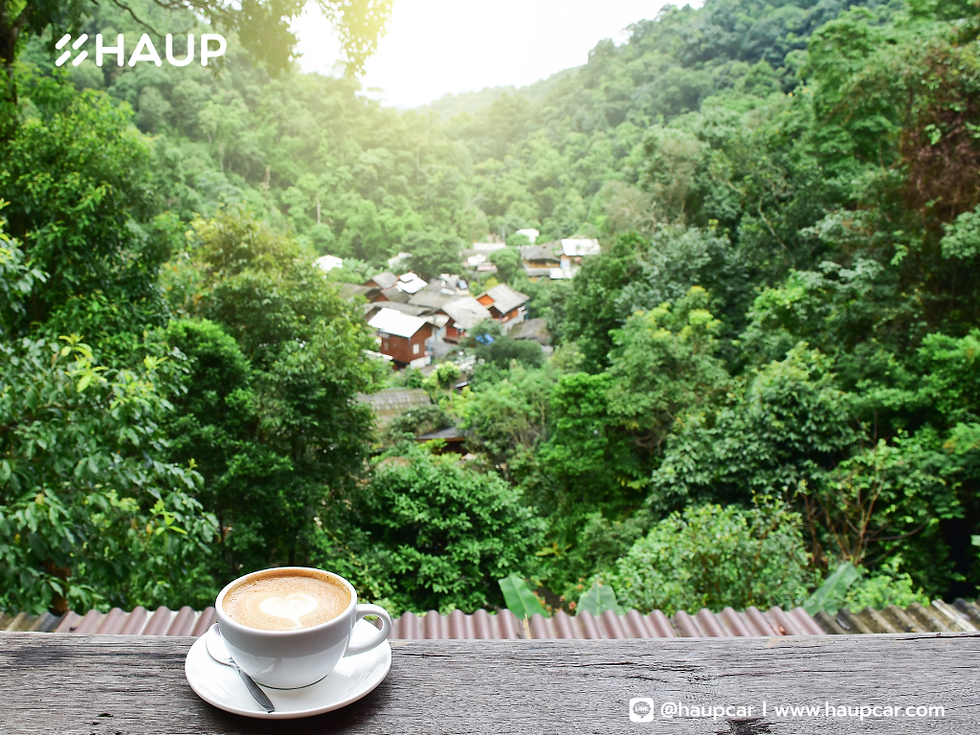 清迈湄康蓬村山谷景色，前景是一杯咖啡，背景为被森林包围的山中村落，展现清迈自驾游中的自然慢生活体验。