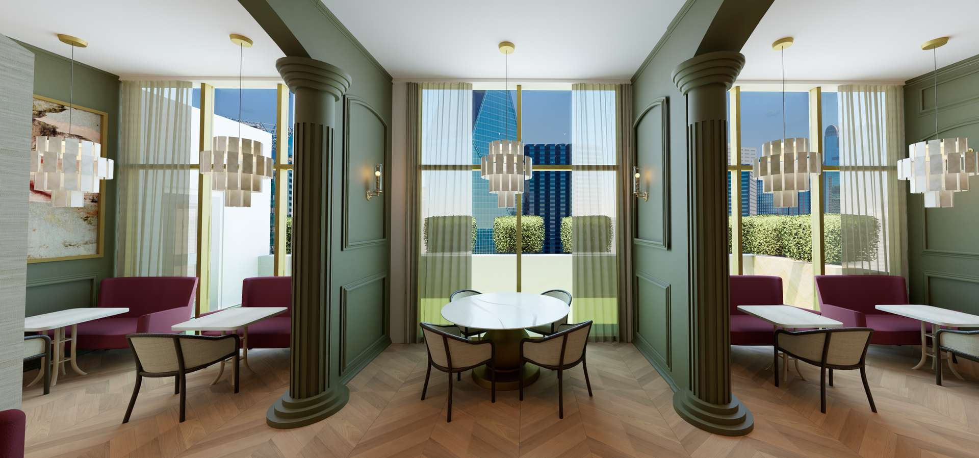 3d render of high end hotel lobby in historically restored building. Dining tables and seating area