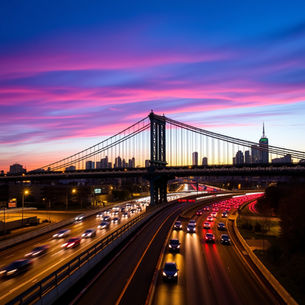 colorful twilight view of busy city highway and a suspension bridge.
