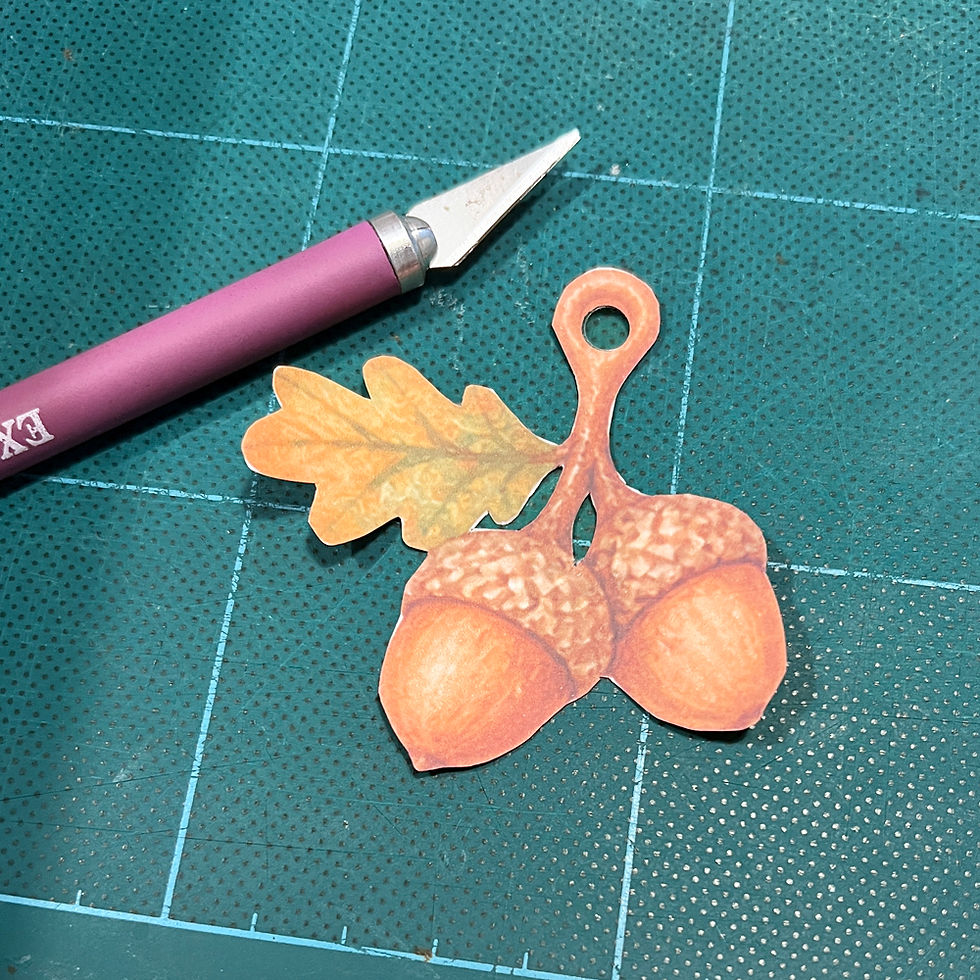 Picture of cut out acorns with scalpel knife to cut the more intricate areas