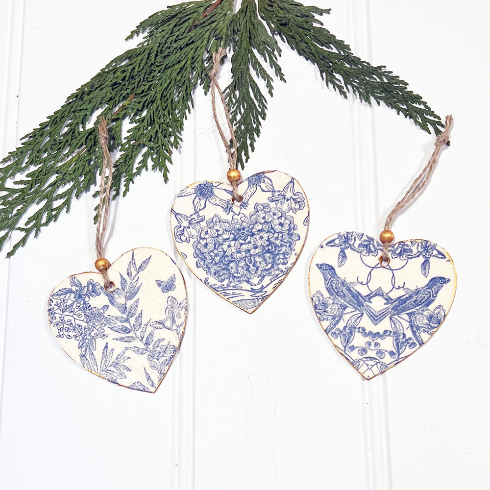 Wooden Hanging Decoupage Heart Decoration - Blue and White
