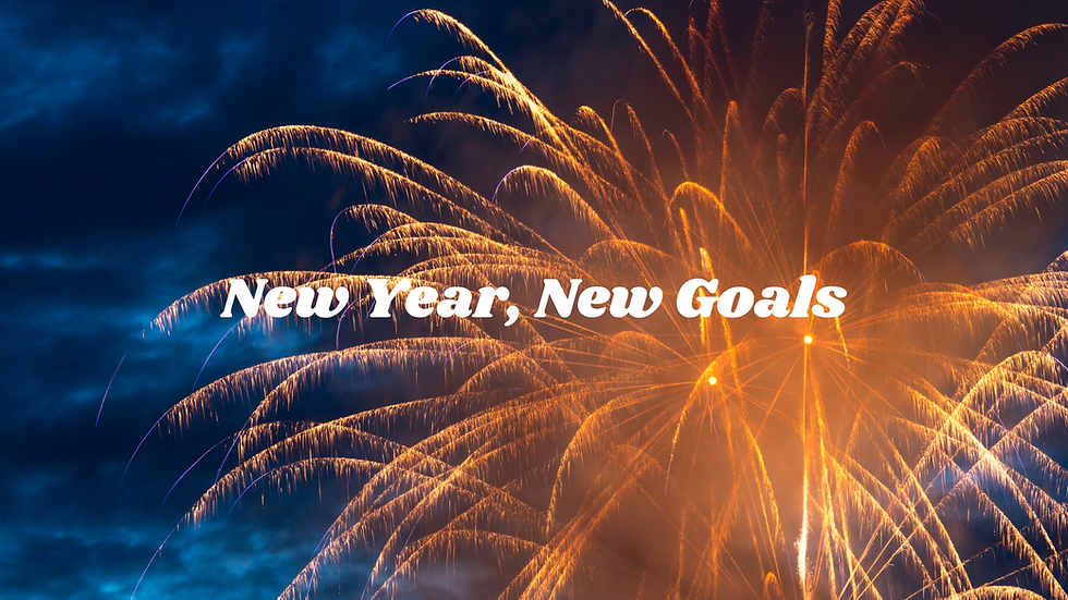 New Year, New Goals written out in front of a fireworks background