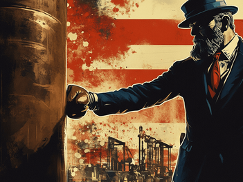 Gritty vintage-style illustration of Uncle Sam, with red tie punching a Punching Bag in front of a distressed American flag backdrop and factories, symbolizing resilience in U.S. trade policy and tariffs. Industrial factories in the background emphasize manufacturing strength and economic strategy.