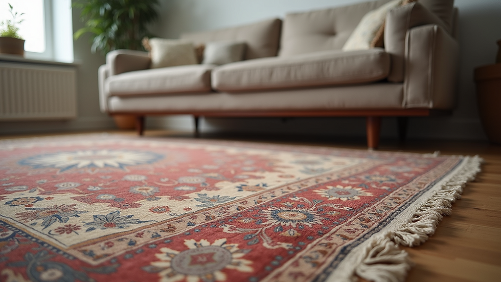 Eye-level view of a vintage rug layered in a modern living room