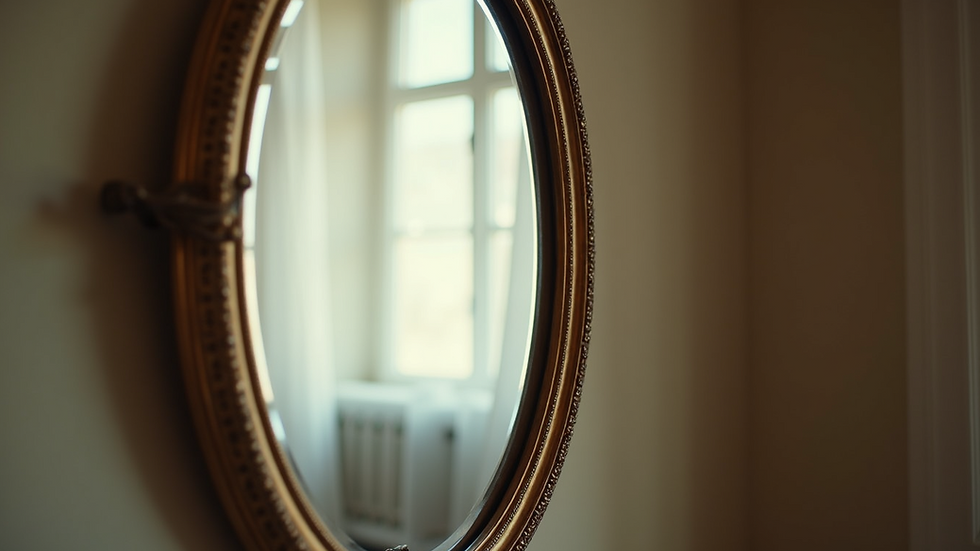 Close-up view of an ornate vintage mirror reflecting soft light