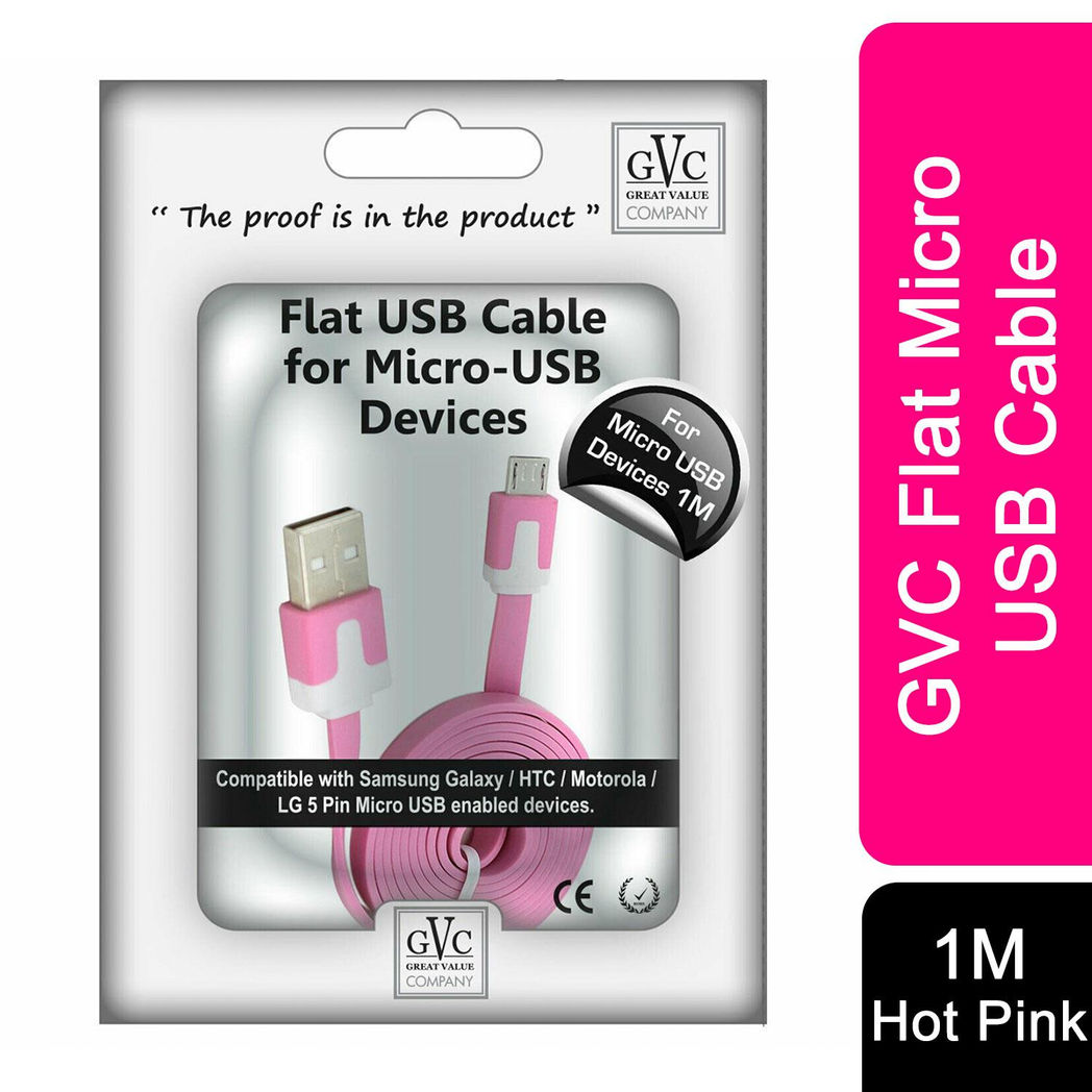 1 Metre Strong Tangle - Free Flat Micro USB Cable for Sync & Charge, Hot Pink
