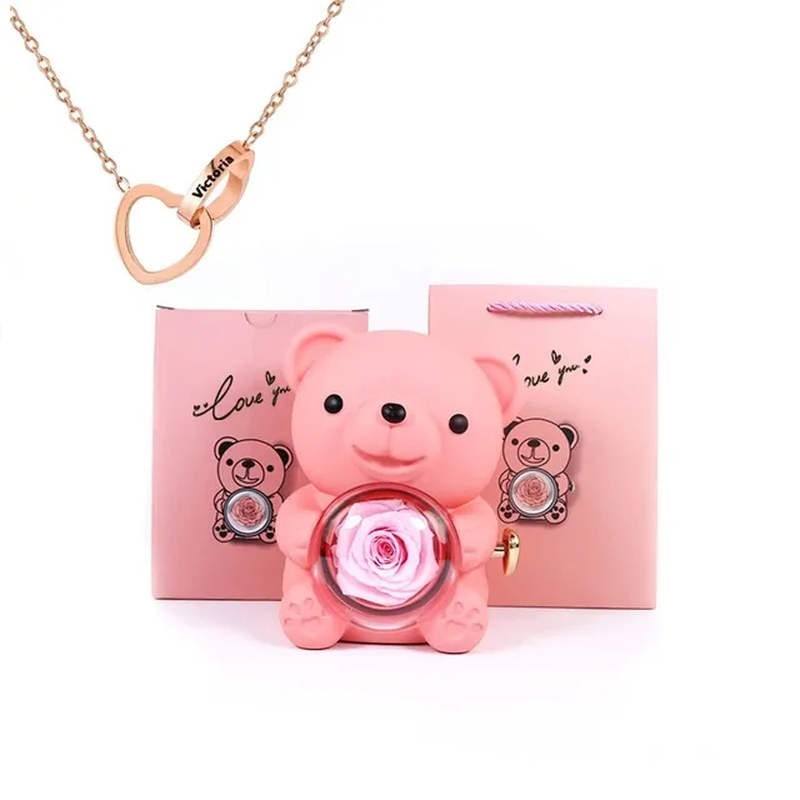 Thumbnail: Teddy Bear Gift Box with Necklace Rotate Rose Jewellery Box Novelty Gift