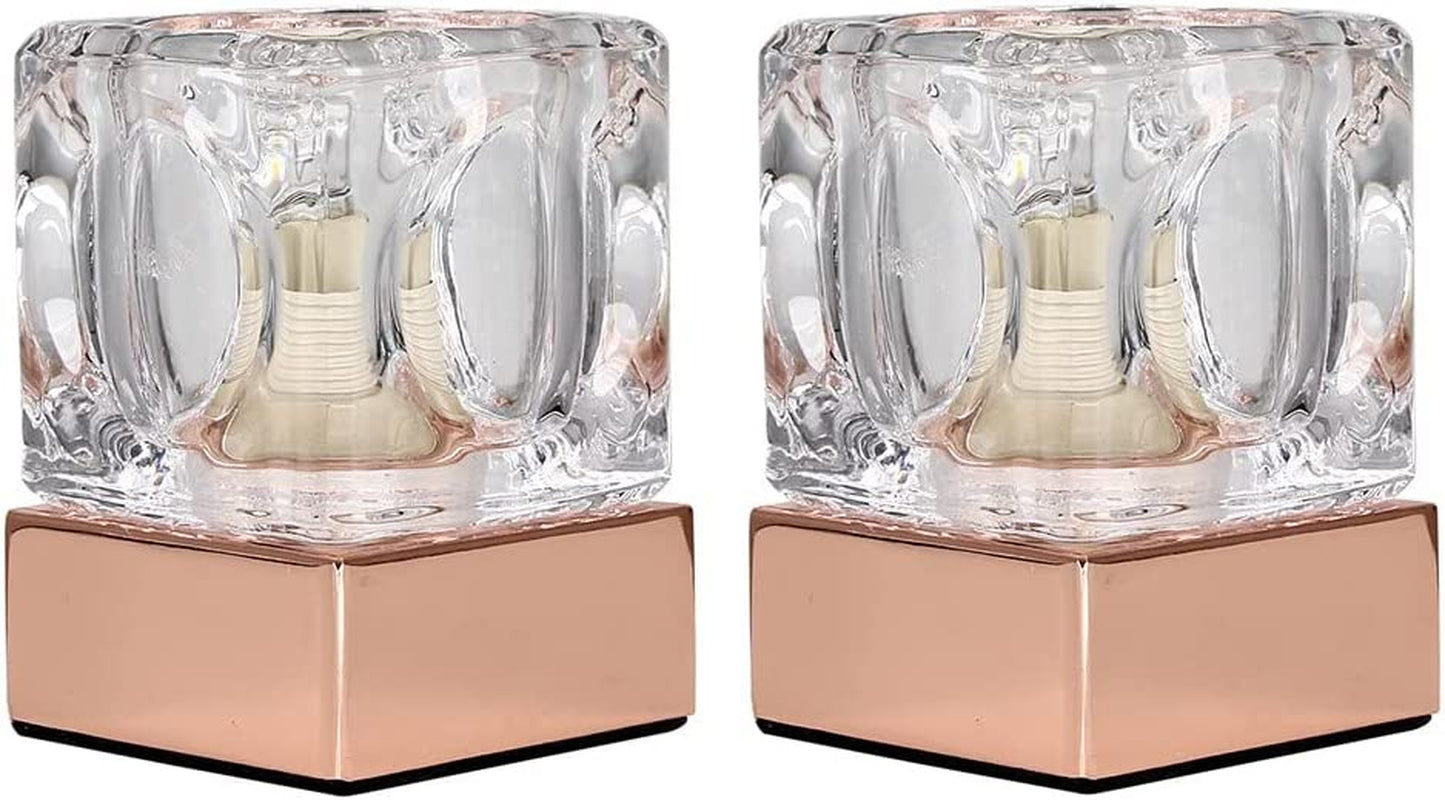 Pair of - Modern Glass Ice Cube Touch Table Lamps with a Copper Base