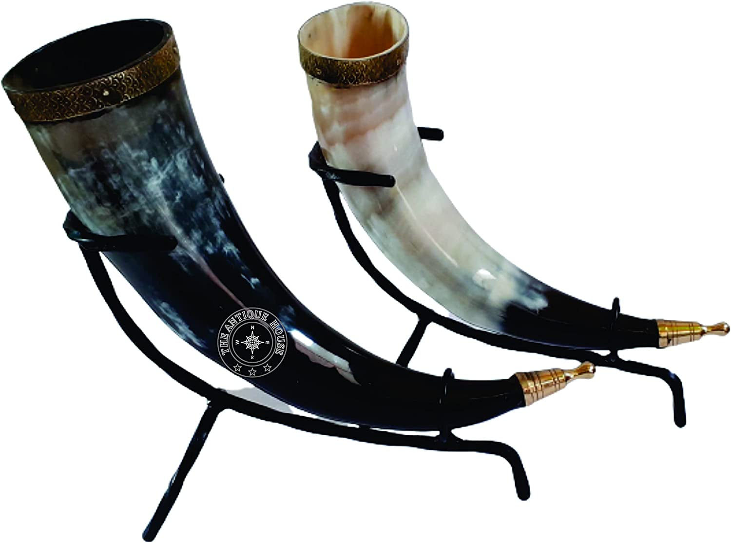 Viking-Inspired Duo: Handcrafted Ox Horn Beer Mugs with Brass Rim