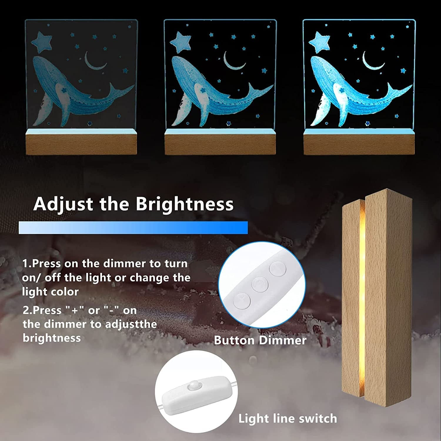 CDIYTOOL 4Pcs Wooden LED Light Display Base, 2Pcs Colorful Brightness Adjustable