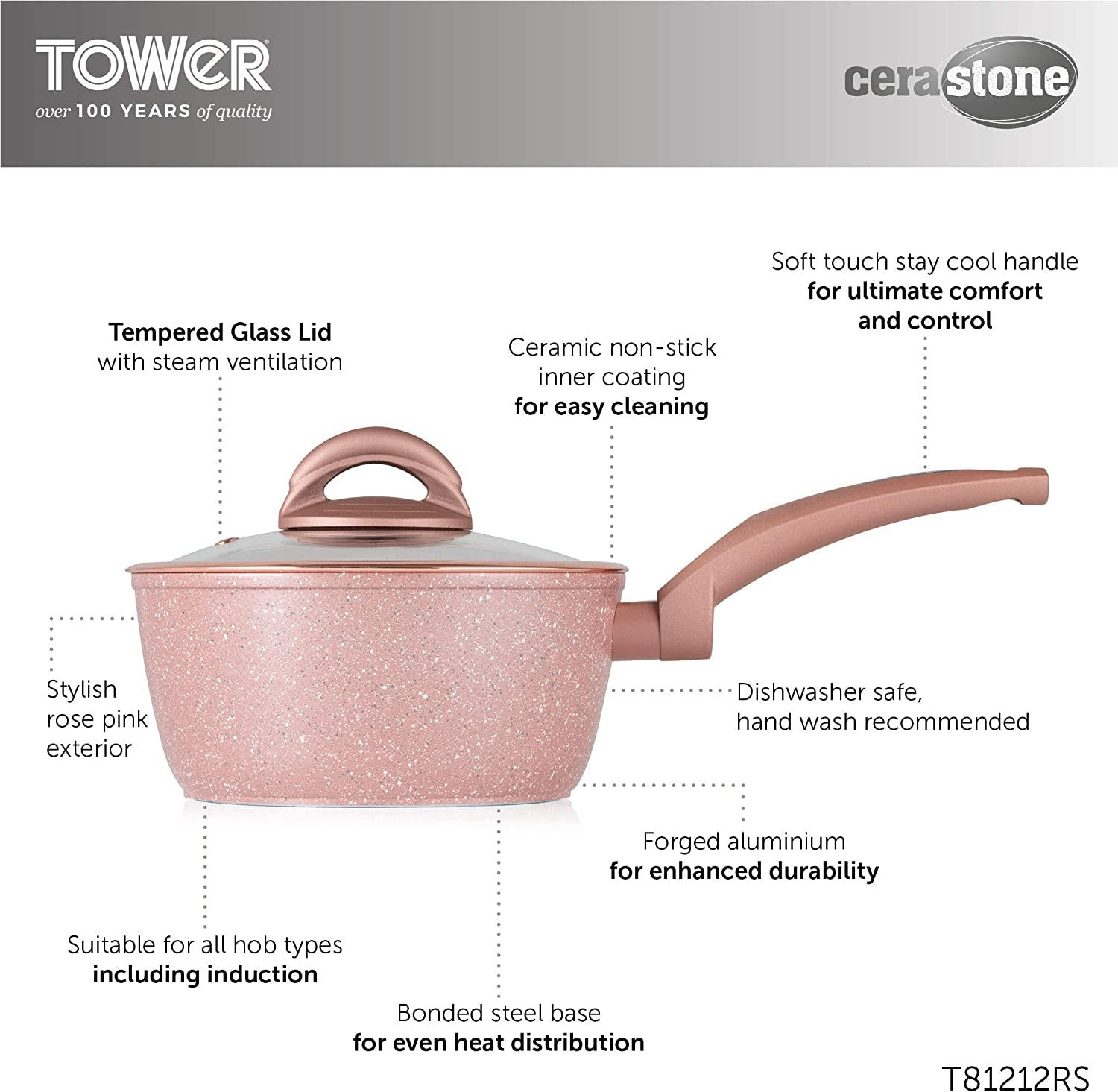 T81212RS Forged Saucepan, Cerastone Coating, Aluminium, Rose Pink, 3-Piece