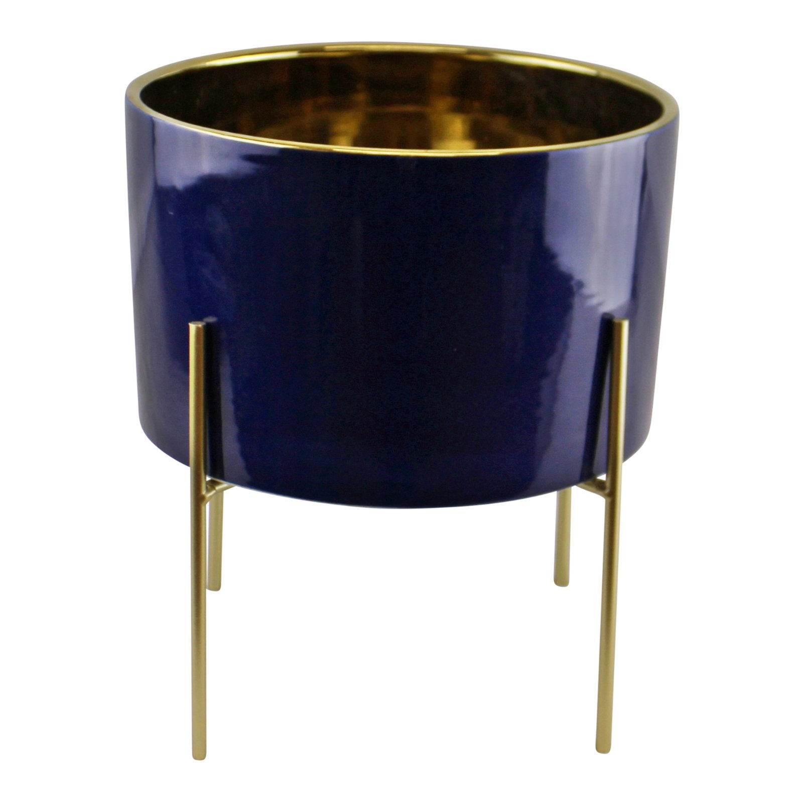 Large Ceramic Gold Lined Planter With Stand, Navy Blue Shipping furniture UK