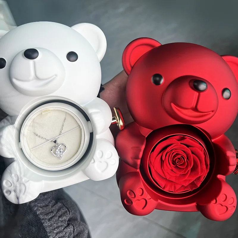 Thumbnail: Teddy Bear Gift Box with Necklace Rotate Rose Jewellery Box Novelty Gift