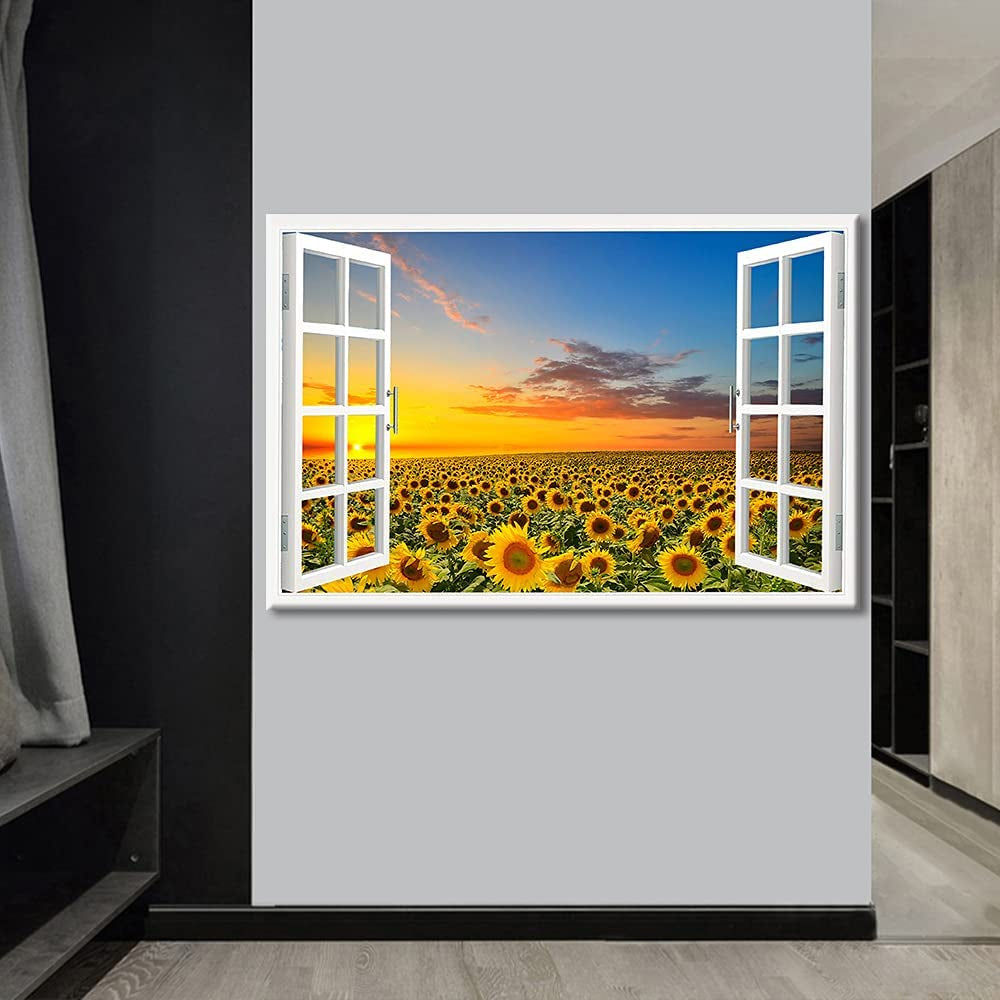 Sunflower Fields Forever: 3D Window View Wall Art for a Vibrant Living Room