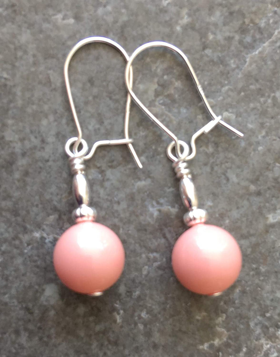 Thumbnail: Pink Coral Bridesmaid Glass Pearl & Sterling Silver Drop Earrings with Gift Box