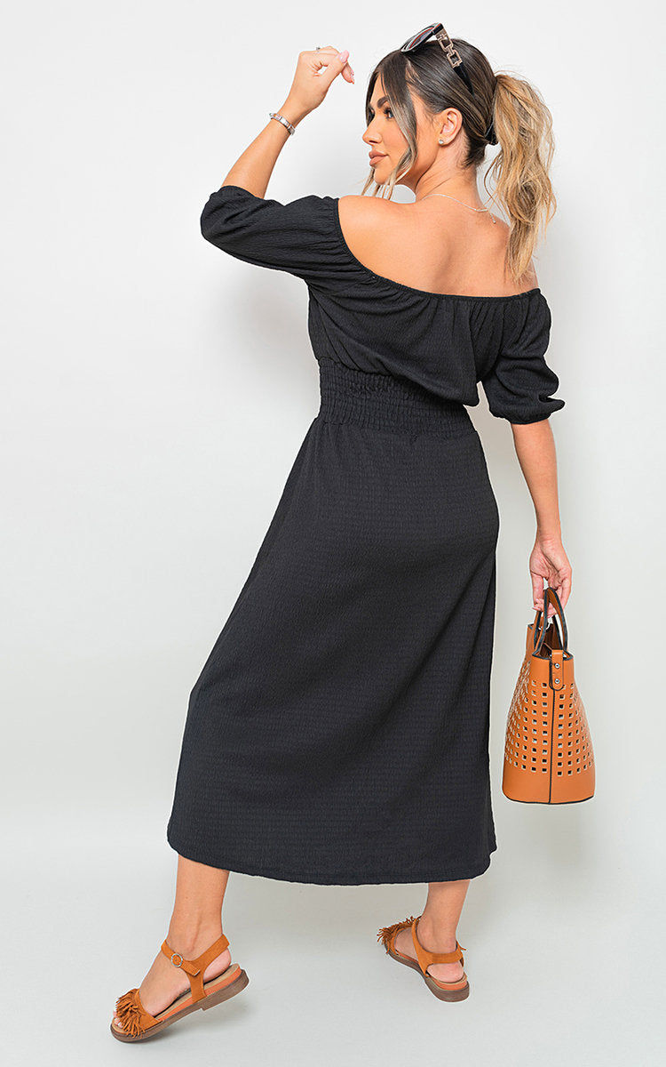 Thumbnail: Off Shoulder Shirred Waist Mini Dress