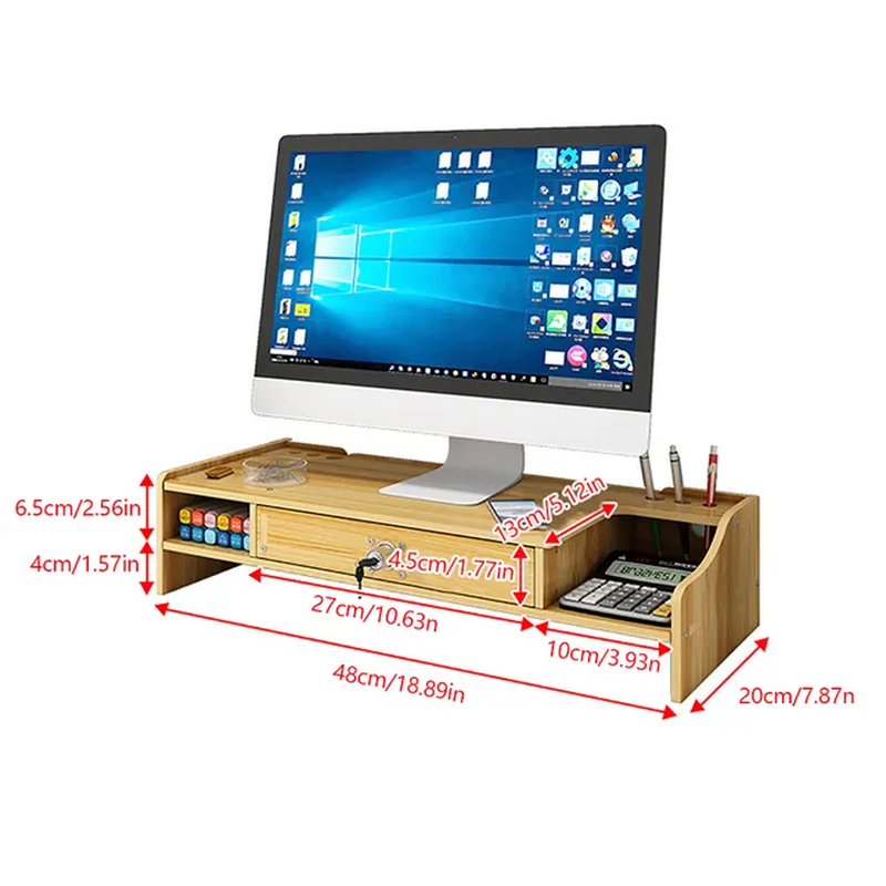 Thumbnail: Wooden Desk Organizer W/ Drawer File Storage Desk Monitor Riser Computer Stand