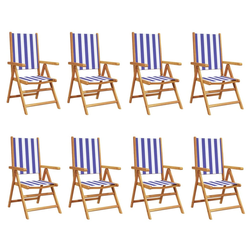 Reclining Garden Chairs 8 pcs Blue and White Fabric and Solid Wood