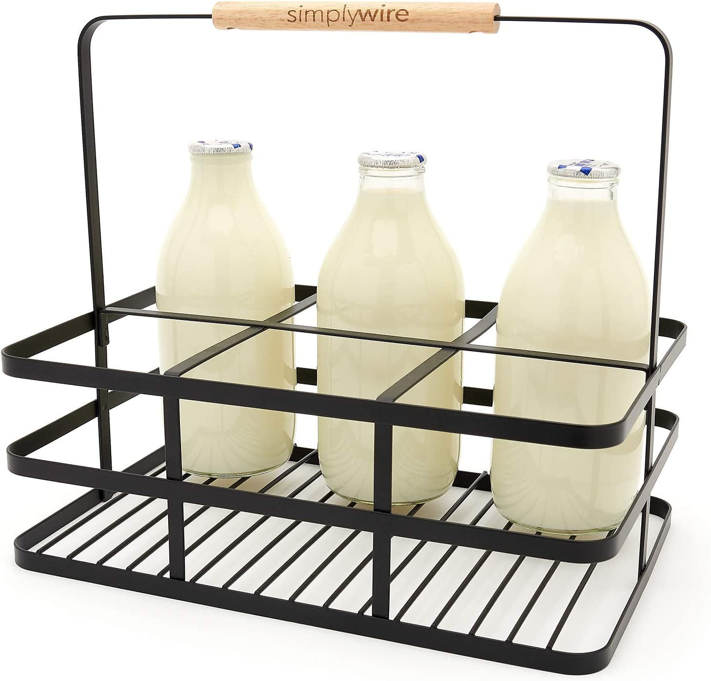 - Retro 6 Unit Milk Bottle Holder – Wine Bottle Carrier – Black Flat Wire