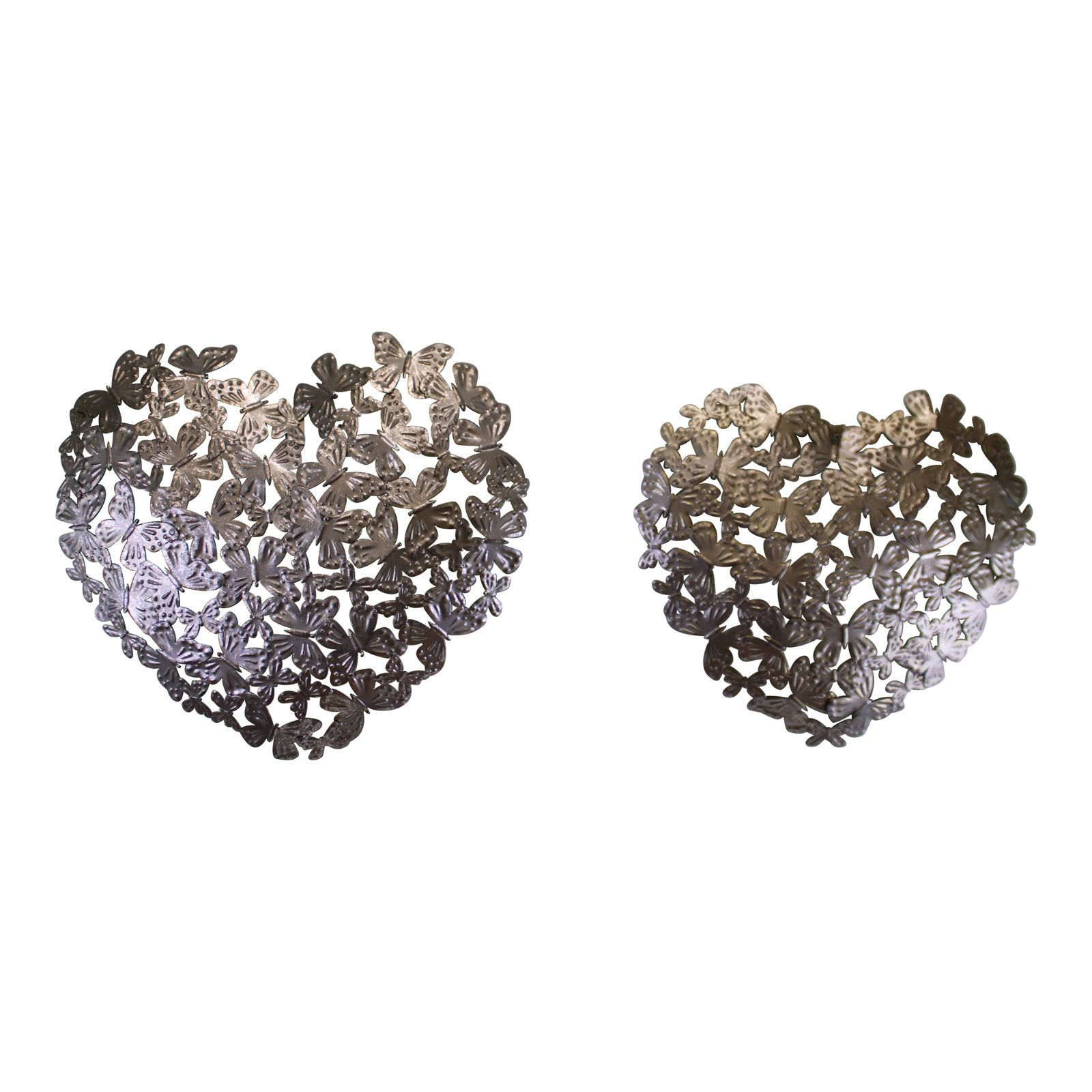 Set of 2 Silver Metal Heart Shaped Wall Butterfly Deco Shipping furniture UK