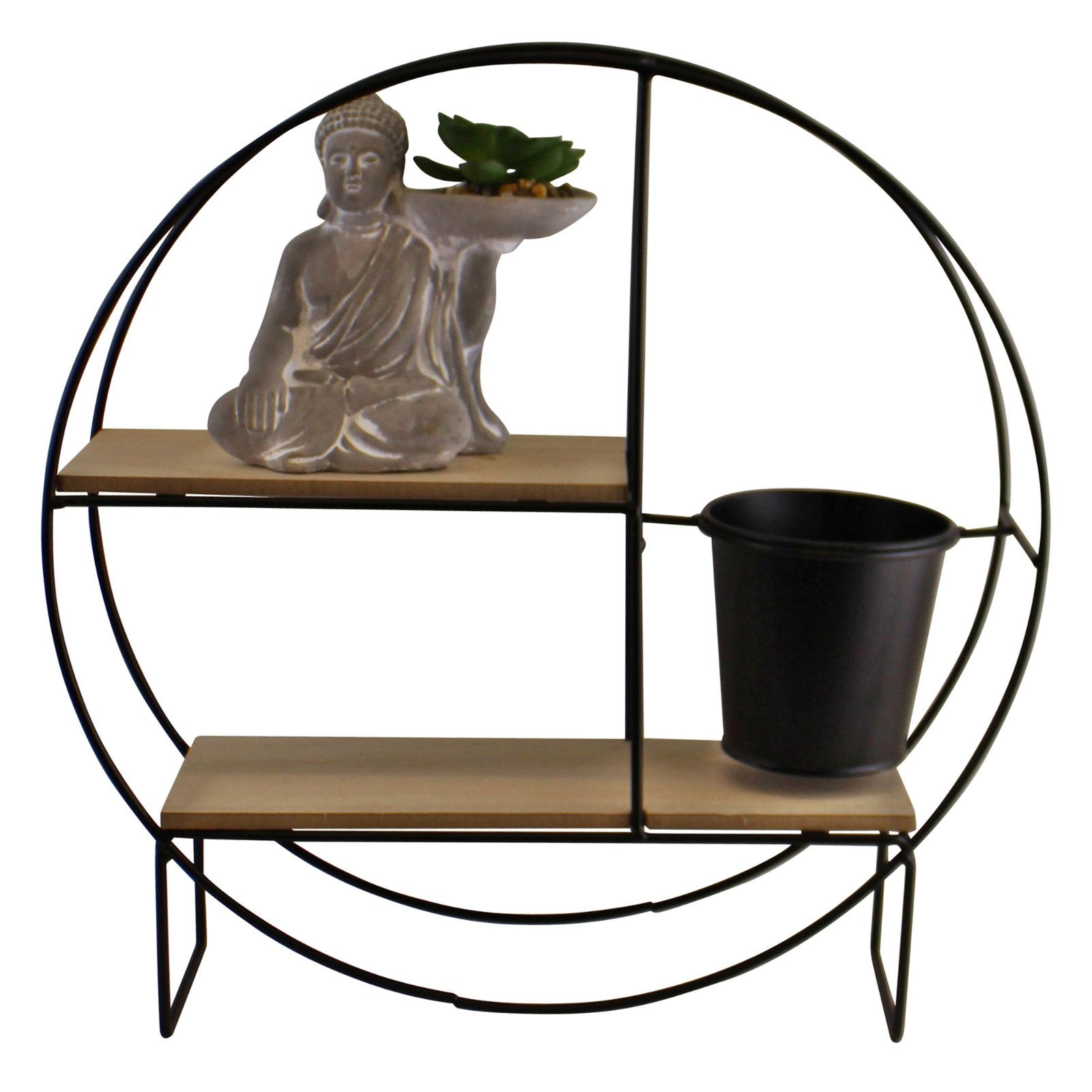 Black Metal Shelf Unit With Pot & Buddha Statue, Round Shipping furniture UK