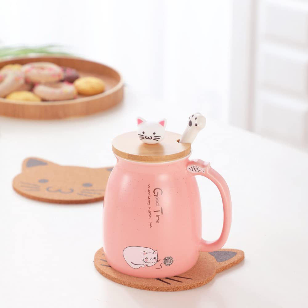 Cat Mug Cute Ceramic Coffee Cup with Lovely Kitty lid Spoon, Morning Cup