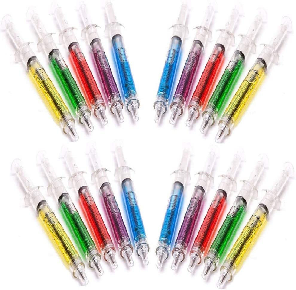20 Double Value Mixed Colour Novelty Syringe Pens. Black Ink Bulk Value Pack Now