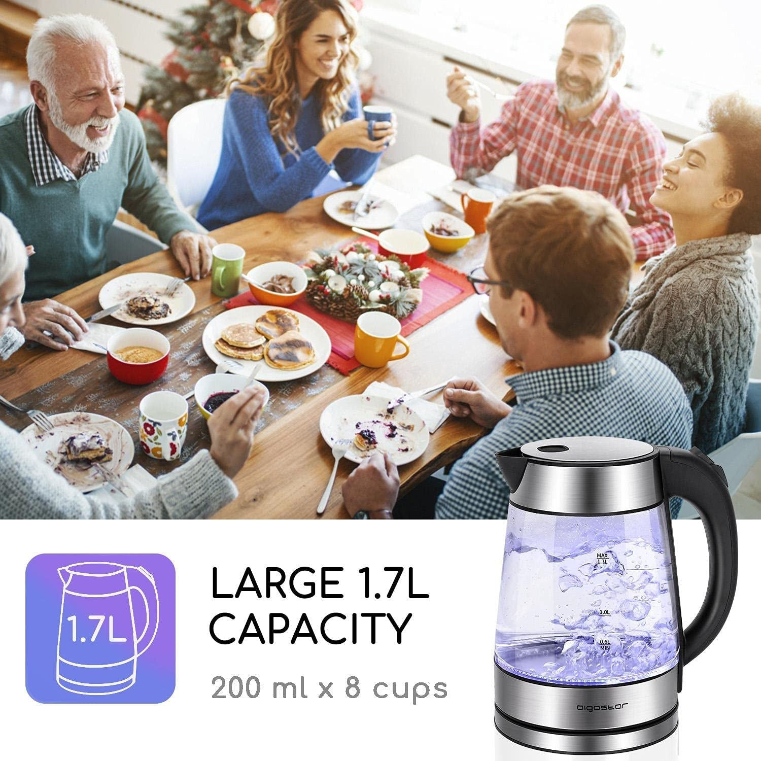 Glass Kettle with LED Lighting, 2200W, 1.7L, Boil-Dry Protection, BPA Free, Blac