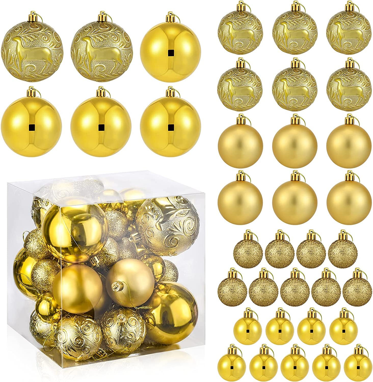 36Pcs Christmas Baubles with Hanging Loop,40mm/60mm/80mm Tree Decoration