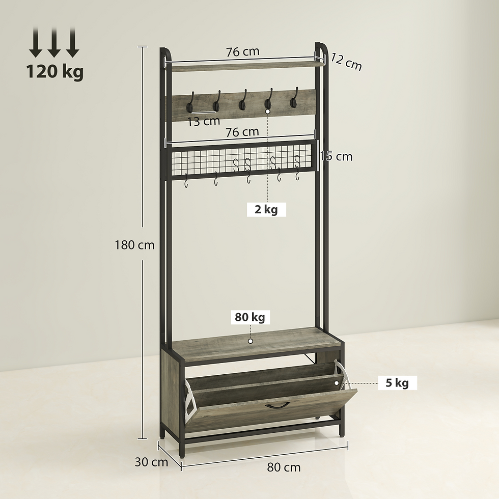 Thumbnail: Industrial Hall Tree Coat Rack Stand with Shoe Cabinet Grey