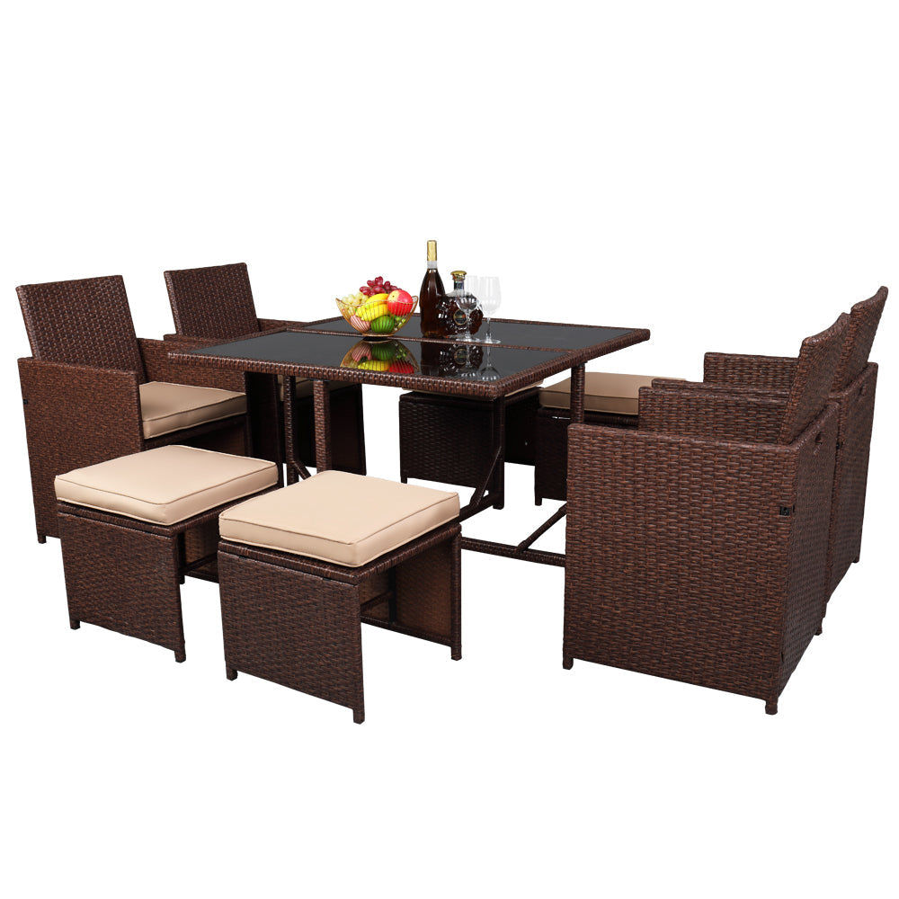9 Pieces Wood Grain PE Wicker Rattan Dining Ottoman with Tempered Glass Table Pa