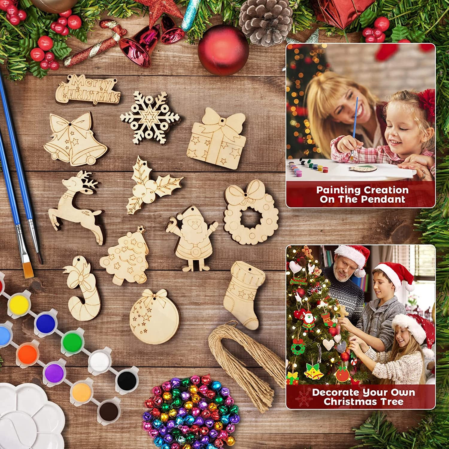 Christmas Magic: 60 Assorted Wooden Tree Ornaments for DIY Holiday Decor