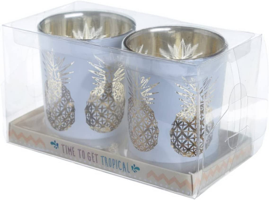 Set of 2 Candle Holders Pineapple Glass, Gold/White, One Size