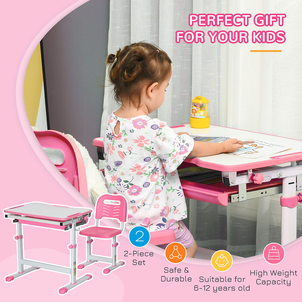 Thumbnail: Kids Desk and Chair Set, Height Adjustable Desk with Drawer, Pen Slot, Hook