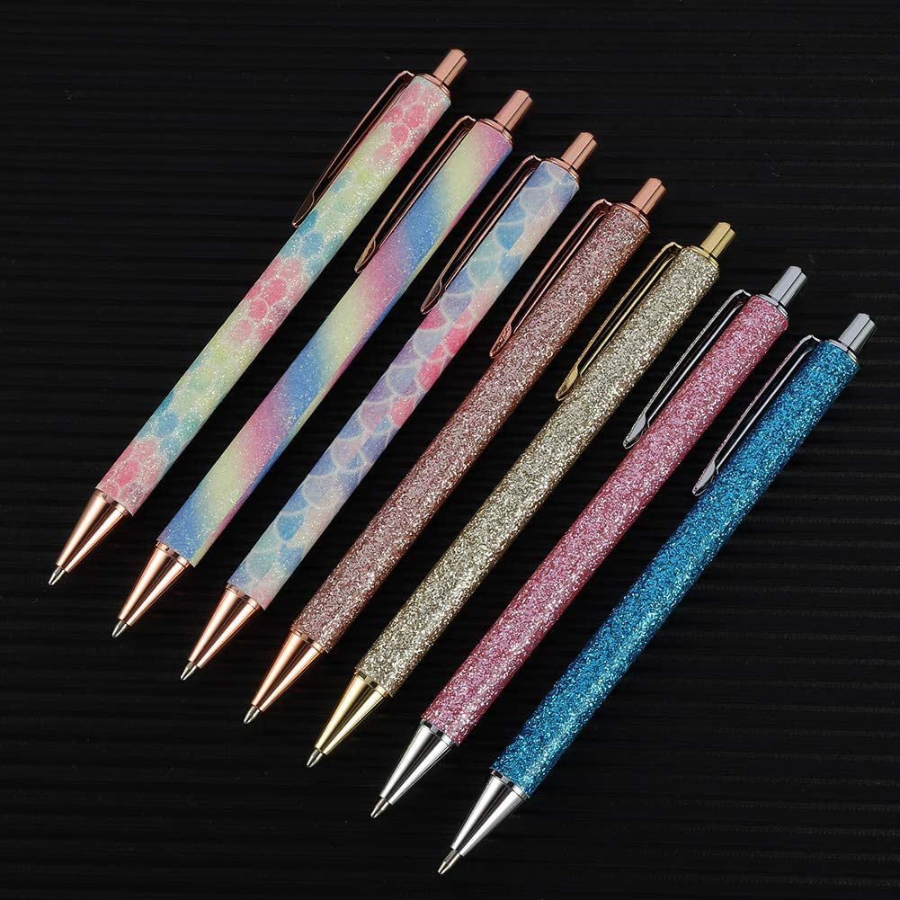 7 Shiny Click Ball Pens: Elegant Metal Retractable Pens - 1.0mm Point