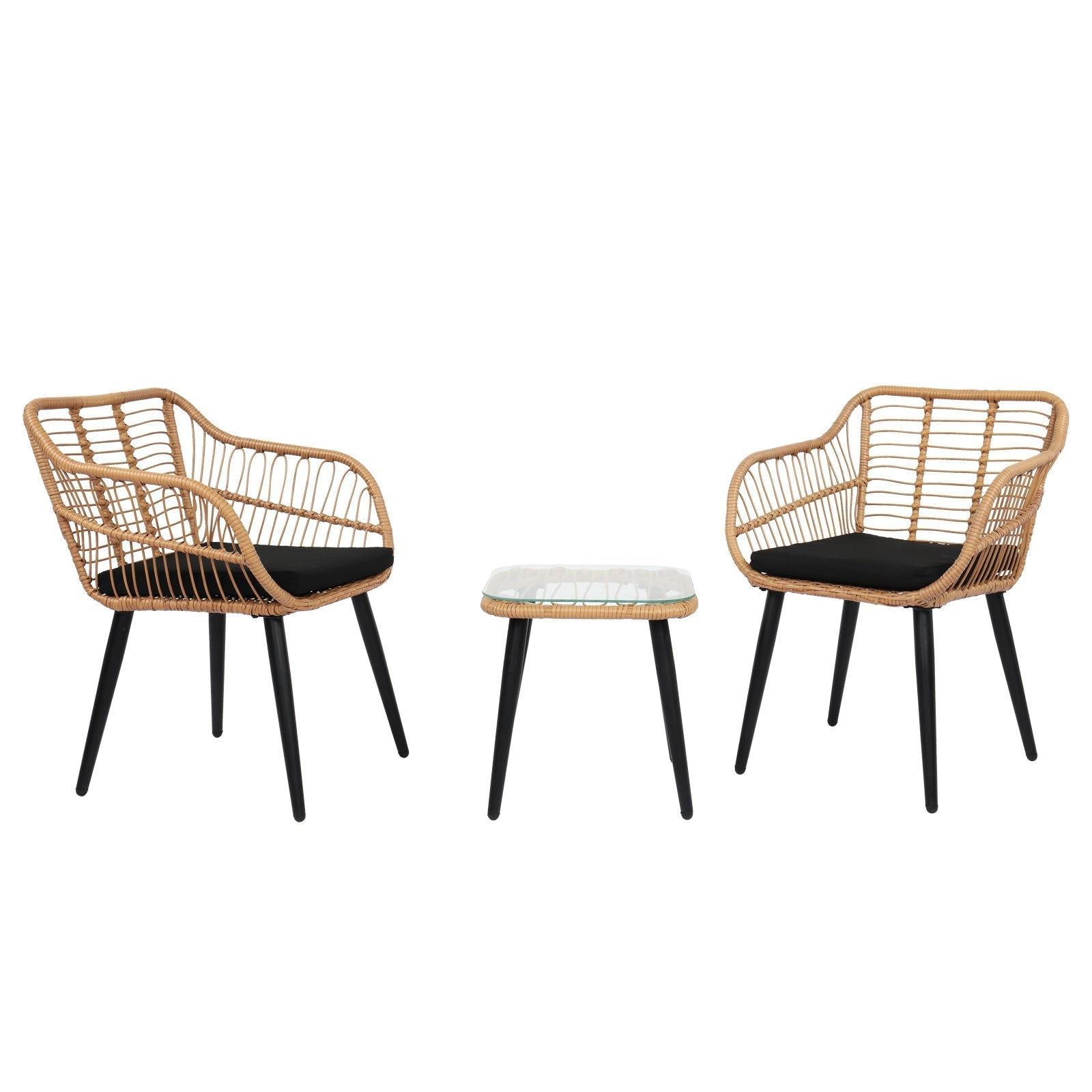 Outdoor Oasis: Wicker Chair Set with Glass Table and Cushions