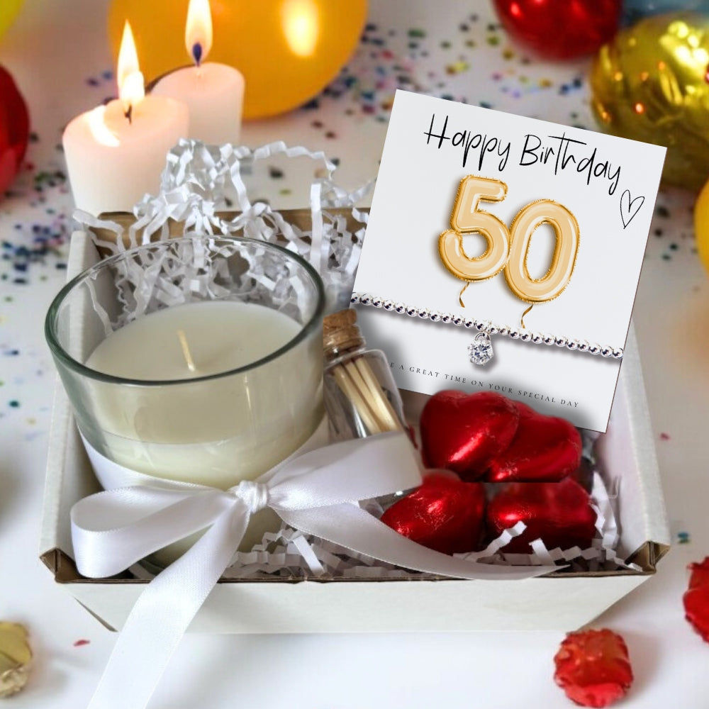 Small 50th Birthday Gold Balloons Gift Hamper - Bracelet, Chocolates