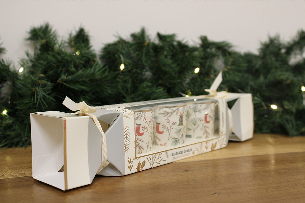 Thumbnail: Christmas Cracker Votive Candle Set of 3 Vanilla Spice Scent Festive Gift Box