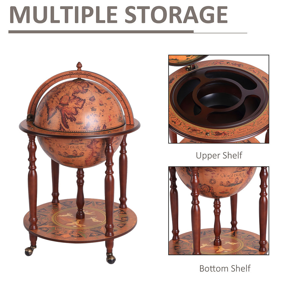 Thumbnail: Globe Shaped Retro Style Mini Bar Drink Cabinet Movable Wheels 