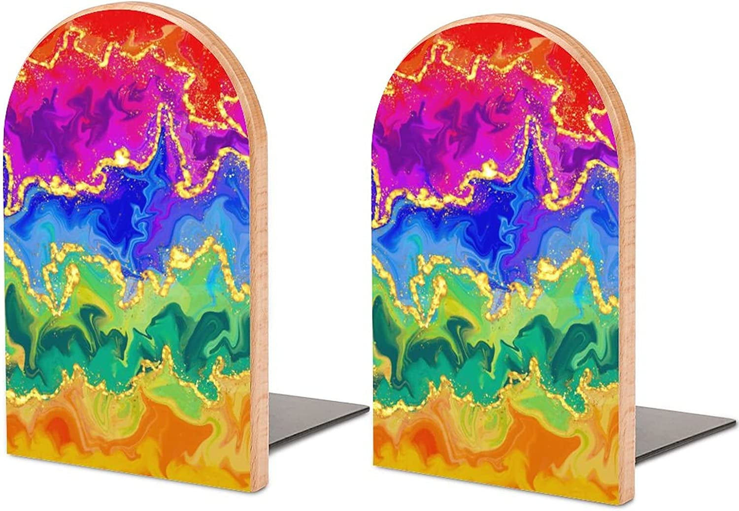 Book Ends Rainbow Marble Abstract Glitter Bookends for Shelves to Hold Books Hea