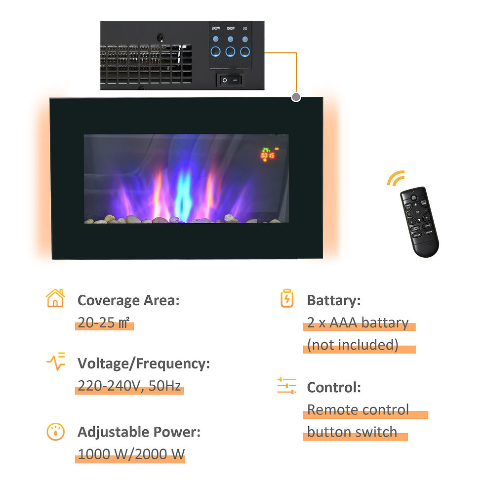 Thumbnail: 1000W Wall Mounted Tempered Glass Electric Fireplace Heater Black