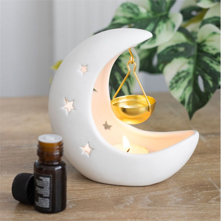 Thumbnail: White Crescent Moon Hanging Oil Burner with Gold Dish